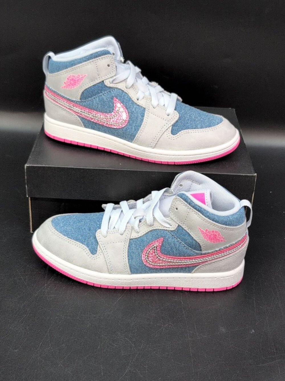 Nike Air Jordan 1 Mid Denim Sequin Kid's Shoes US 3Y Pink Glow White HQ1998-40